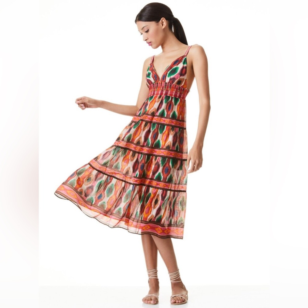 Alice + Olivia Santina V-neck Low Back Spaghetti Strap Midi Dress Warm Breeze